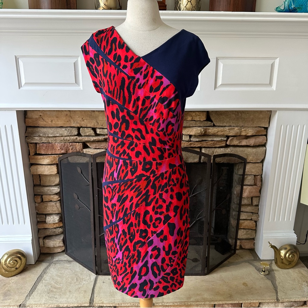 Escada Red Leopard Print Jersey Radiant Seam Dress Size 38 Medium